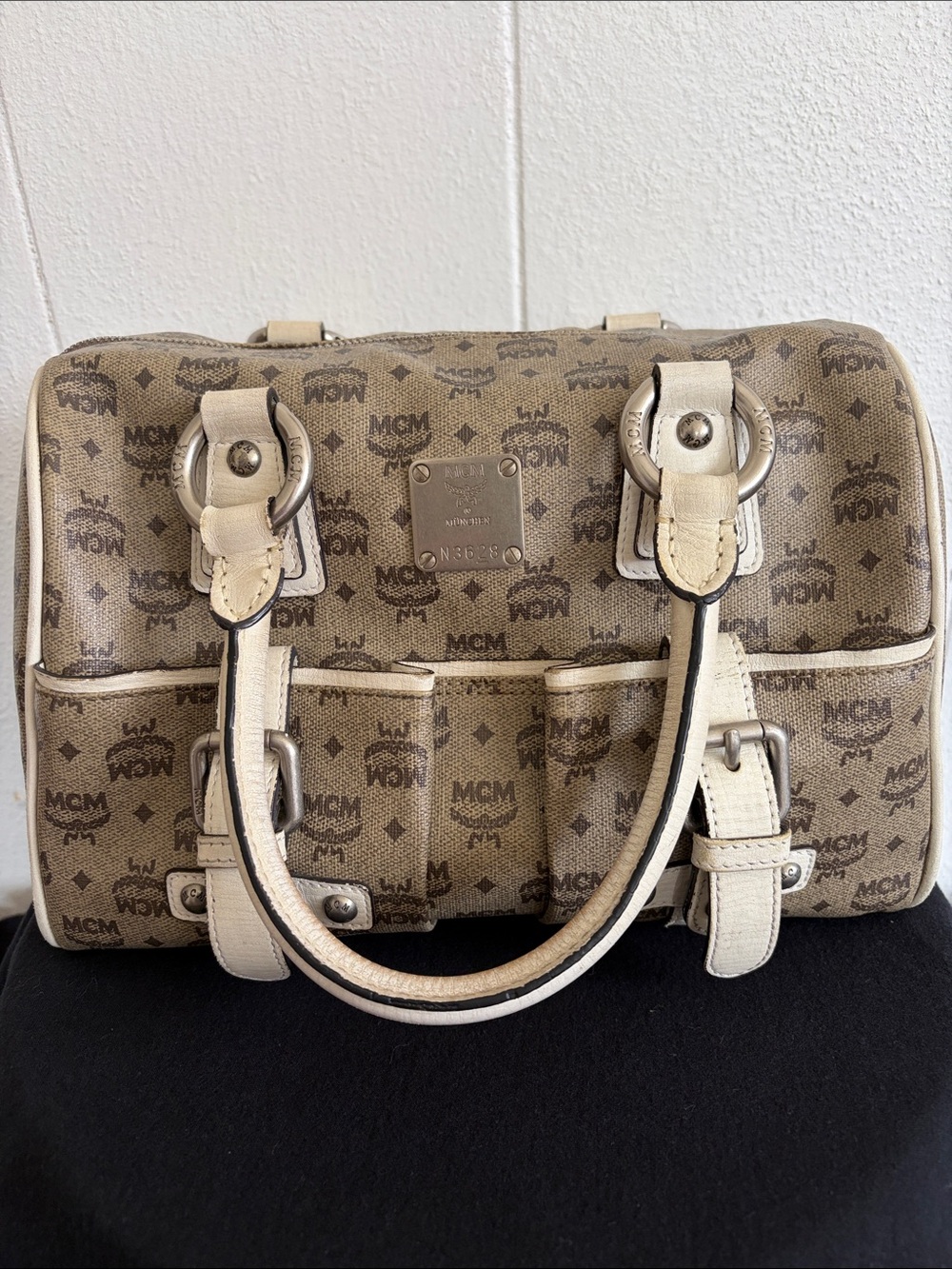 MCM Boston/Speedy Satchel Style Brown Monogram Visetos with Cream Leather Trim